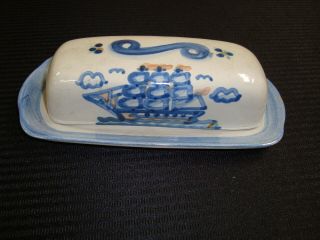 2 Pc Ma Hadley Art Pottery Stoneware Butter Dish W/ Lid Whale Ship Blue