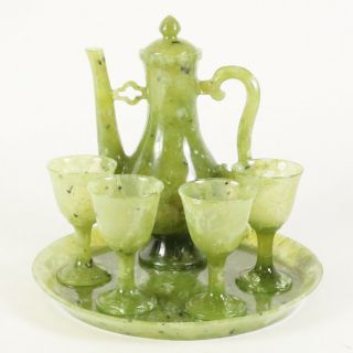 Vintage Hand Carved Chinese Spinach Green Nephrite Jade Tea/coffee Set,  Childs