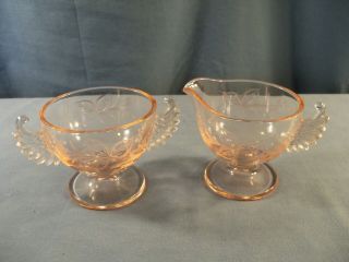 Westmoreland Pink Etched Glass Creamer & Sugar Bowl Set W/ Wing Feather Handles