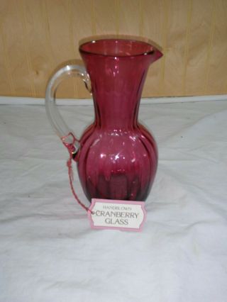 Vtg 7 " Hand Blown Art Cranberry Glass Pitcher Vase Clear Handle Ribbed