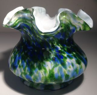 Fenton Vasa Murrhina Blue - Green Flower Vase 4.  0 Inch Ruffled Edge Unmarked 1960s