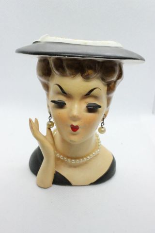 Vintage Lady Head Vase/planter Pearl Necklace & Earrings Black Hat