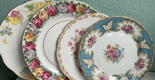 4 Vintage Mismatched English China Dessert Plates Floral Gold Wedding Tea Party