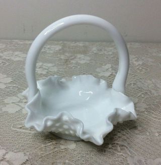 Vintage Fenton Mini White Milk Glass Hobnail Ruffled Edge Handle Basket
