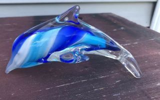Vtg Murano Glass Dolphin Figurine Blue/white Clear Marine Paperweight Art Glass