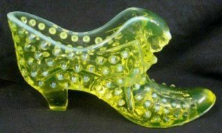 50s Fenton Topaz Opalescent Vaseline Glass Cat Head Hobnail Slipper Shoe Glows