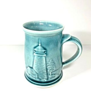 Edgecomb Potters Teal Blue Tankard Mug Lighthouse Pine Trees Pottery