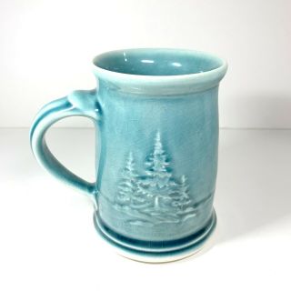 Edgecomb Potters Teal Blue Tankard Mug Lighthouse Pine Trees Pottery 3