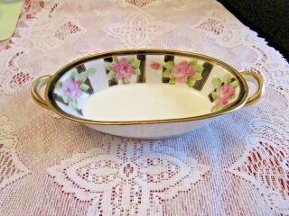 Nippon Hand Painted 2 Handle Dish Gold Accents W/ Pink Roses 7 - 1/2 " X 4 " Vgc