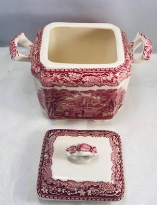 Vintage Mason ' s Pink Red Vista Square Sugar Bowl w/ Fan Lid & Handles - N/R 2