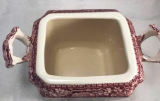 Vintage Mason ' s Pink Red Vista Square Sugar Bowl w/ Fan Lid & Handles - N/R 6