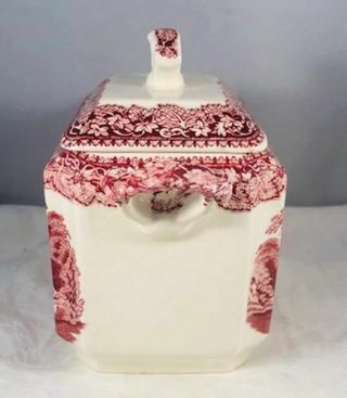 Vintage Mason ' s Pink Red Vista Square Sugar Bowl w/ Fan Lid & Handles - N/R 8