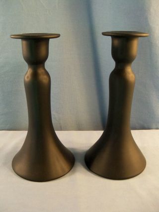 Pair Vintage Tiffin Black Satin Glass 151 Candlesticks Candle Holders