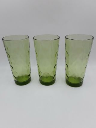 Set Of 3 Green Thumbprint Tumbler Vtg 6.  5 " Tall Drinking Glass Depression Glass