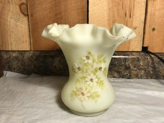 Vintage Fenton Custard Glass Ruffled Edge Hand Painted Vase