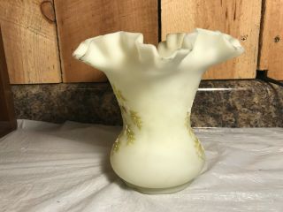 Vintage Fenton Custard Glass Ruffled Edge Hand Painted Vase 2