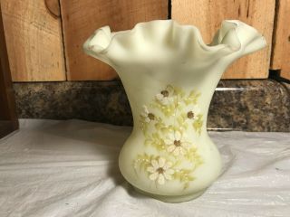 Vintage Fenton Custard Glass Ruffled Edge Hand Painted Vase 3