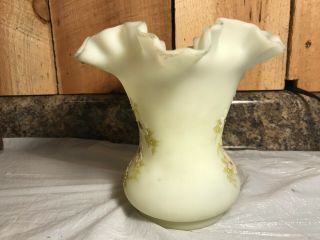 Vintage Fenton Custard Glass Ruffled Edge Hand Painted Vase 4