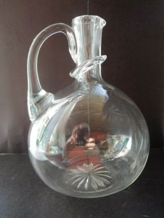 Vintage Blown Glass Carafe With Applied Handle & Collar & Star Cut To Base