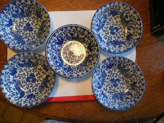5 Vintage Japanese Blue & White Flying Turkey Or Phoenix Bird Desert Bowls