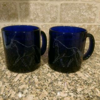Set 2 Heavy Vintage Cobalt Blue Glass Coffee Mug Horse Design Made Usa