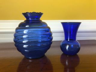 Vintage Cobalt Blue Glass " Bee Hive " Vase,  5 " Tall,  U.  S.  A.  6 Plus Bonus Vase