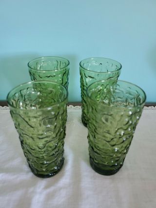 4 Vintage Retro 1970’s Avocado Green Crinkle Textured Bumpy Drinking Glasses