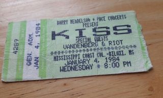 Kiss Lick It Up Concert Ticket,  January 4,  1984 Mississippi Coast Coliseum