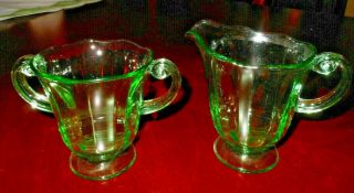 Vintage Green Depression Glass Open Sugar And Creamer