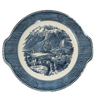 Vintage Currier And Ives Royal China Blue & White Handled Cake/serving Plate Usa
