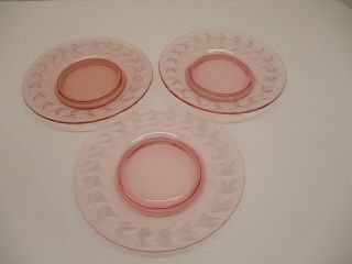 Set Of 3 Pink Depression Glass Bread Plates 6 1/4 " Leaf Etch Wheel Cut