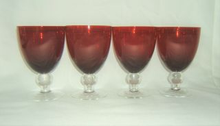 Vintage Ruby Red Wine Water Footed Goblets Ball Stem - Set Of 4 - 5 - 3/8 " Tall