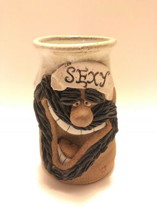 Vintage Stoneware Pottery Clay 3d Funny Face " Sexy " Mustache Hipster Mug Stein