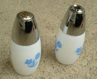 Vtg Corning Ware Cornflower Blue Salt & Pepper Shakers Milk Glass & Metal GEMCO 3