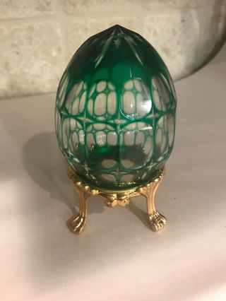 Vintage Bohemian Czech Green Cut To Clear Crystal Art Glass Egg On Stand