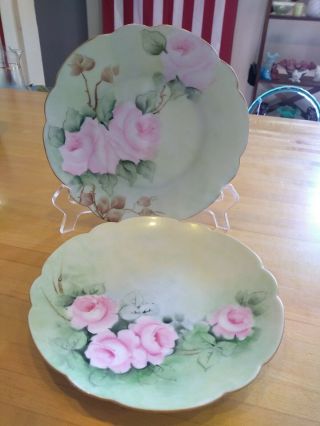 Antique Bavaria 7 5/8” Hand Painted Signed Roses Plates Set Of 2