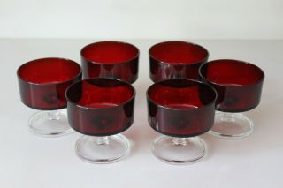 Vintage Set Of 6 Arcoroc France Ruby Red Clear Stemdessert Cup Sherbet