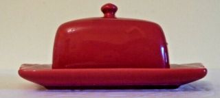Small Red Covered Ceramic Butter Dish By Biscuit.