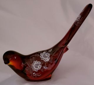 Vintage Fenton Art Glass Ruby Red Happiness Bird - Hand Painted Cabbage Rose