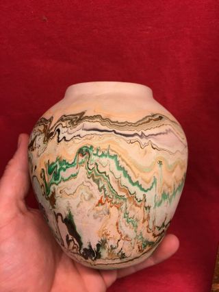 Vtg Nemadji Sw Indian Pottery Vase Mission Swirl Native Clay Green Orange 5” Art
