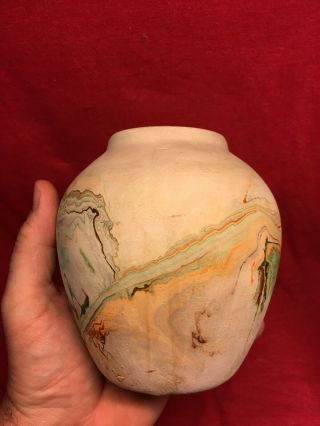 Vtg NEMADJI SW Indian Pottery VASE Mission Swirl Native Clay Green Orange 5” Art 3