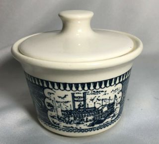 Vintage Royal China Blue Currier And Ives Sugar Bowl White Lid Steamboat Pattern