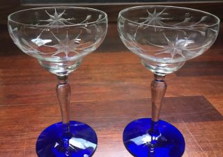 2 Weston Cobalt Blue Etched Crystal Starflower Margarita Wine Champagne Glasses