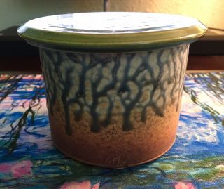 Vtg Celadon & Gold Hand Glazed Ceramic Stoneware French Butter Keeper Crock