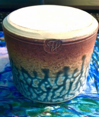 VTG Celadon & Gold Hand Glazed Ceramic Stoneware French Butter Keeper Crock 2