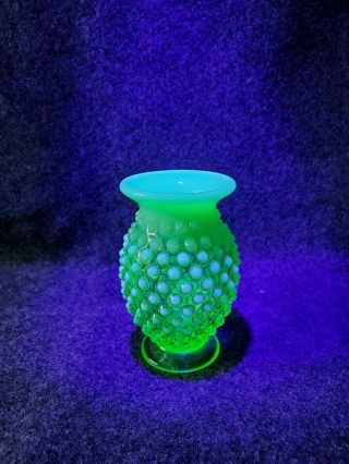Vintage Fenton Green Hobnail Opalescent Urainium Vaseline Glass Vase Miniature