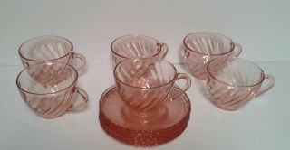 Arocroc France Depression Glass Pink Swirl Cups And Saucers 12 Pc.