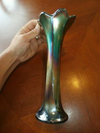 Vintage Antique Blue Iridescent Carnival Glass Funeral Vase 10 " Tall Swirl