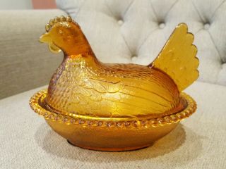 Vintage Indiana Glass Hen On Nest Amber Chicken Candy Dish 7 " X 5 " Shape