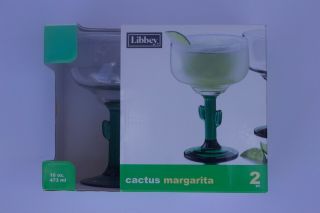 Set Of Two Libbey Cactus Margarita Glasses With Green Stem